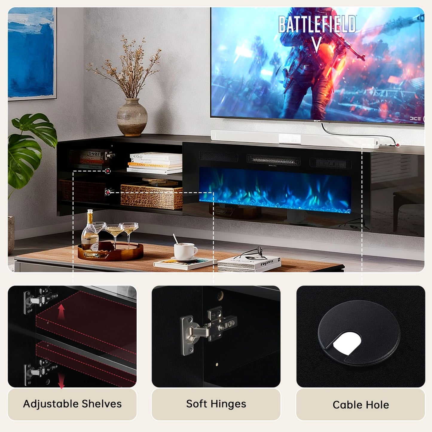 OneBlis 80'' Floating TV Stand with 40" Electric Fireplace, Wall Mounted Entertainment Center with Storage for TVs up to 90", Adjustable 12-Color LED Lights Media TV Console for Living Room