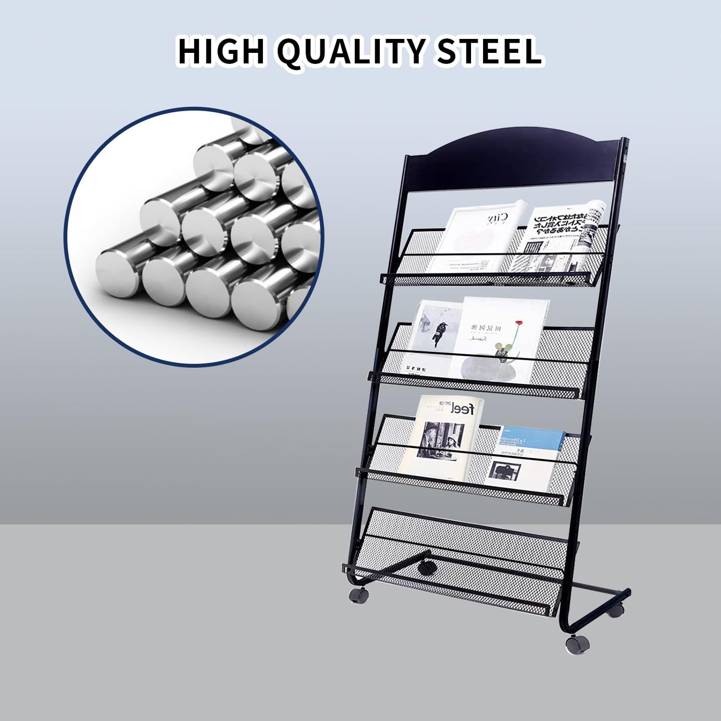 Vmsiuory Floor Standing Magazine Rack,The Wheels with Locking 4 Tier Document Display Rack for Exhibition Office Shopping Mall Waiting Room and Other Places (BLACK