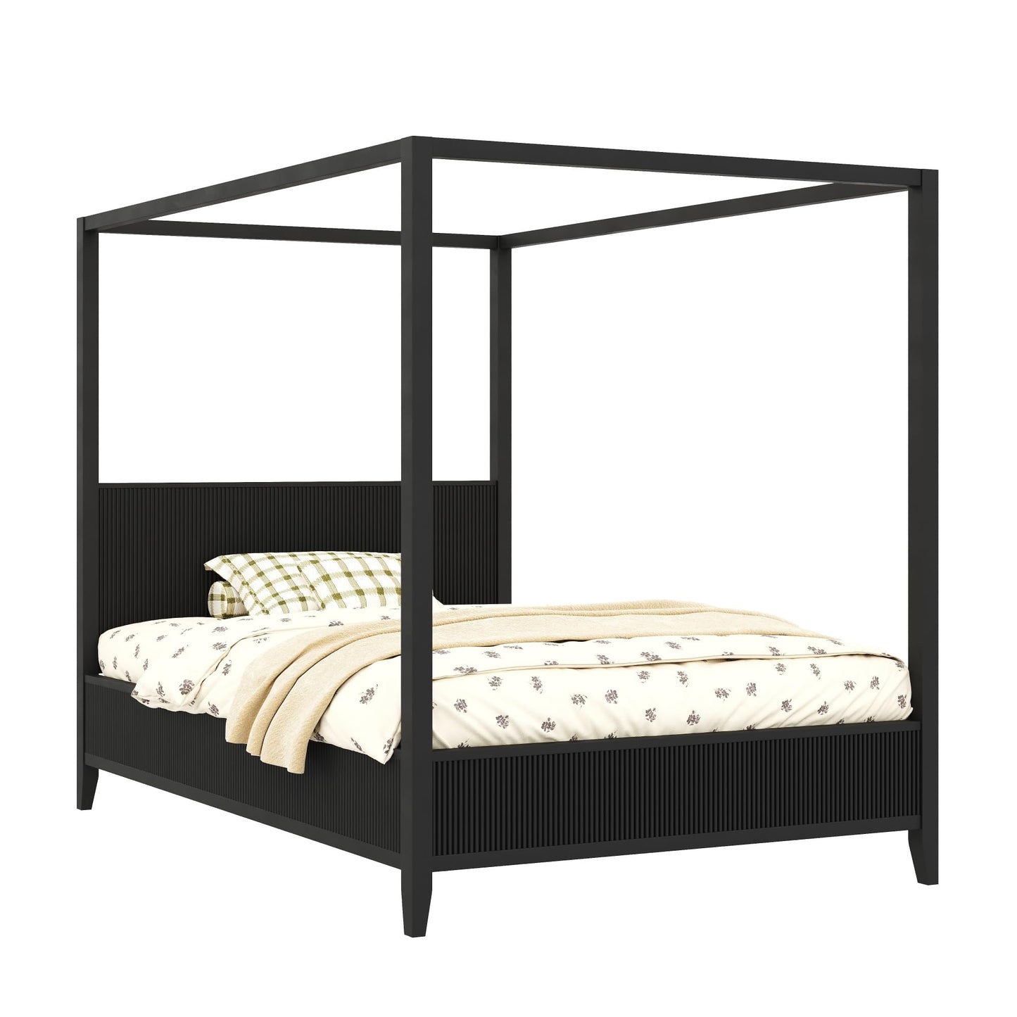 Merax Modern Luxury Queen Size Wooden Canopy Bed Frame with Headboard, Slats Support, Wood 4 Poster Bed Frame, No Box Spring Needed, Contemporary Bedroom Furniture, Black
