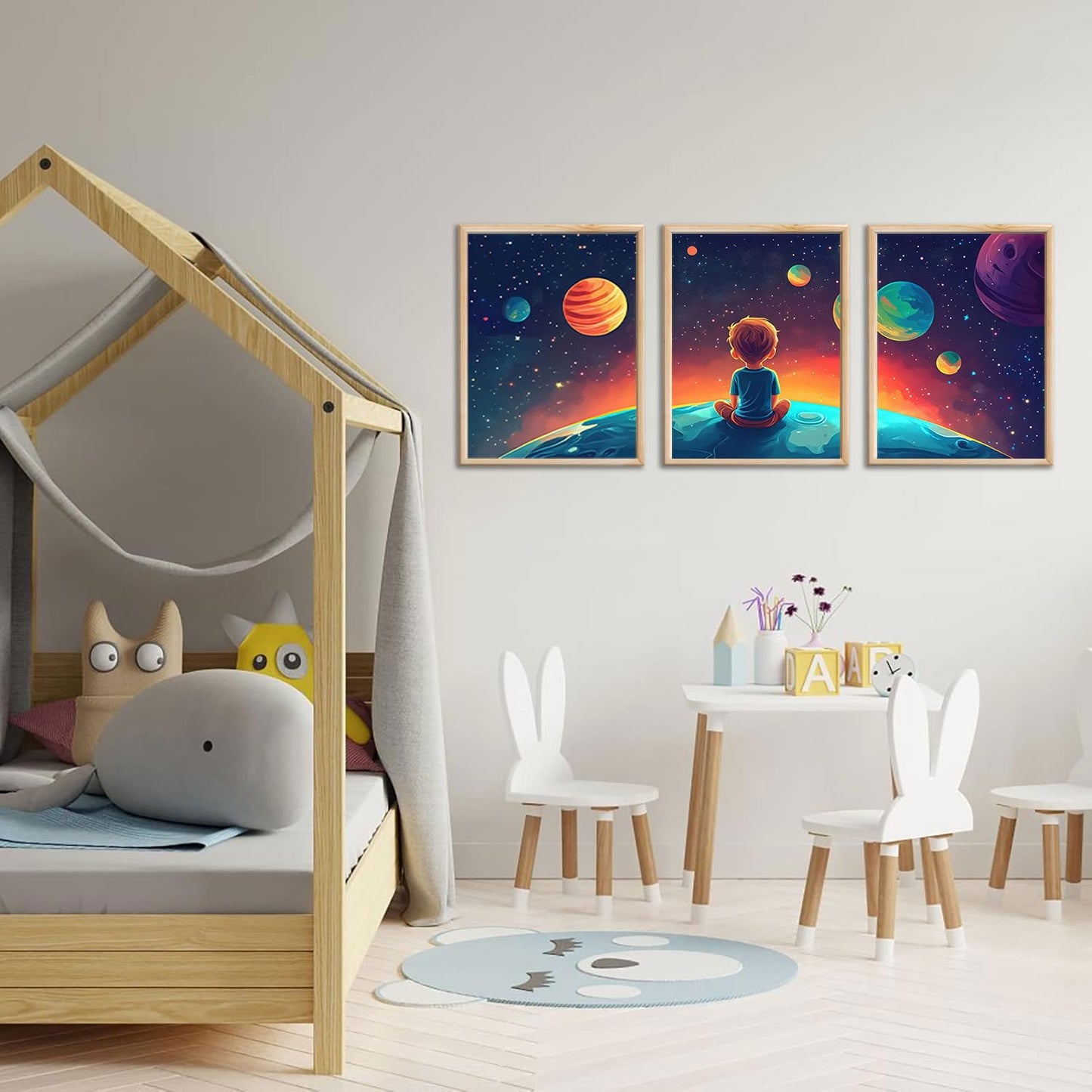 3Pcs Space Boy Wall Art Cute Inspirational Canvas Painting Space Fantasy Wall decor pictures with Planet Pattern posters Prints for Child’s Bedroom Office and Home Decoration Unframed 12x16in posters