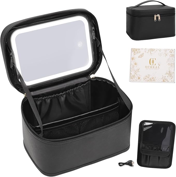 OCHEAL Makeup Bag with LED Mirror, Travel Cosmetic Organizer Vanity Case with 3 Color Setting Light Up Mirror for Women Beauty Tools Accessories Rechargeable - Black