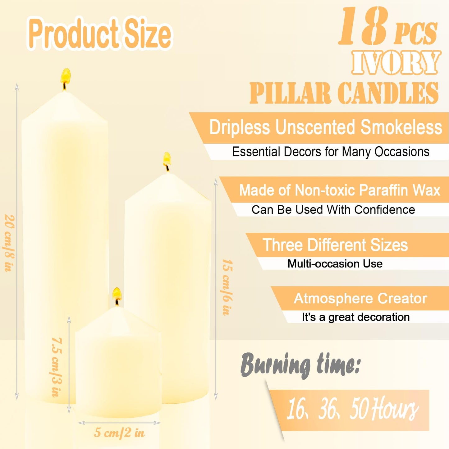 Veiuwa 18 Pcs Ivory Pillar Candles Bulk Set,2x3 2x6 2x8 Inch - 12 Each Size,Hurricane Candles,Dripless Unscented Smokeless,Gives You a Better Atmosphere When Organizing Wedding or Event Party.