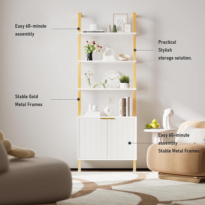 INNOD 74" Tall Bookshelf with Storage Cabinet, Modern Ladder Shelf with Wood and Metal Frame, Wall Mount Bookcase Open Display Shelf Furniture for Living Room, Bedroom, Home Office, Gold