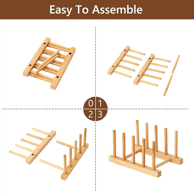 HBlife 2pcs Bamboo Dish Plate Bowl Cup Book Pot Lid Cutting Board Drying Rack Stand Drainer Storage Holder Organizer Kitchen Cabinet(Keep Dry)