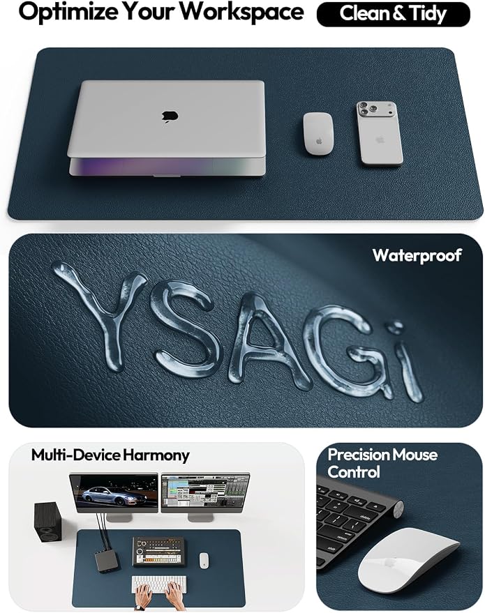 YSAGi Leather Desk Pad Protector, Office Desk Mat, Large Mouse Pad, Non-Slip PU Leather Desk Blotter, Laptop Desk Pad, Waterproof Desk Writing Pad for Office and Home (Dark Blue, 47" x 17")