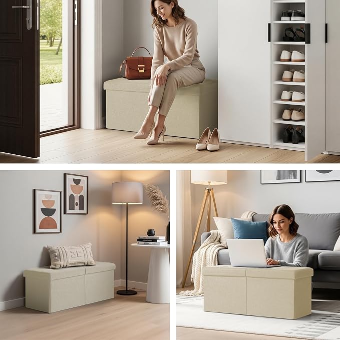 30-INCH Ottoman with Storage, Footrest Storage Bench, End of Bed Bench Coffee Table for Living Room, Bedroom, Entryway (Beige)