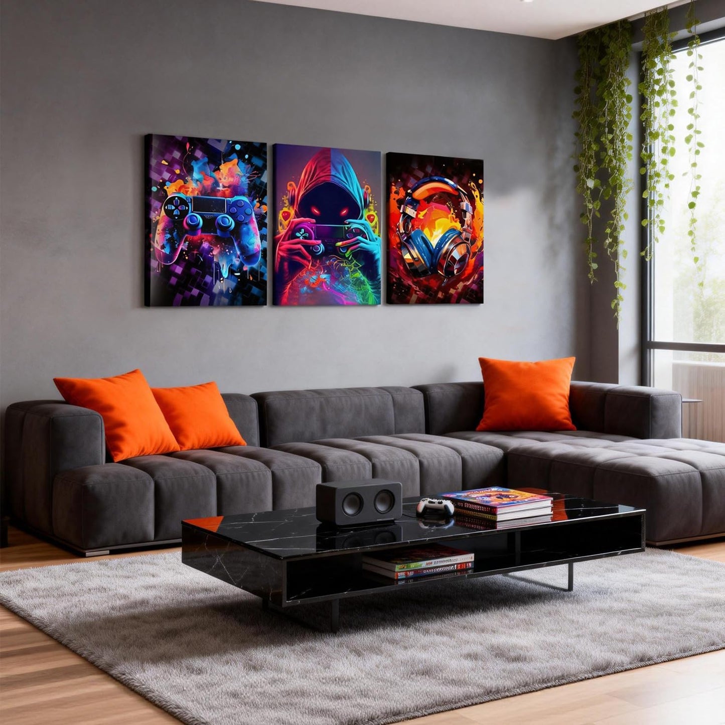 LYYGLYY 3Pcs Framed Cool Gaming Canvas Wall Art, Neon Video Game Printed Wall Art, Gamer Bedroom Artwork for Walls, Dazzling Headset Gamepad Poster Wall Decor for Gaming Room, Boys Room 12x16 Inches