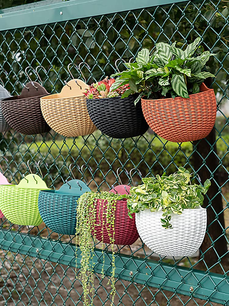 Hanging Planter Pot, Wall and Railing Hanging Planters with S Hooks, Half Round Imitation Rattan European Style Wall Flowerpot Rustic Decorative Flower Basket for Home Balcony Garden(#21*16.5cm Green)