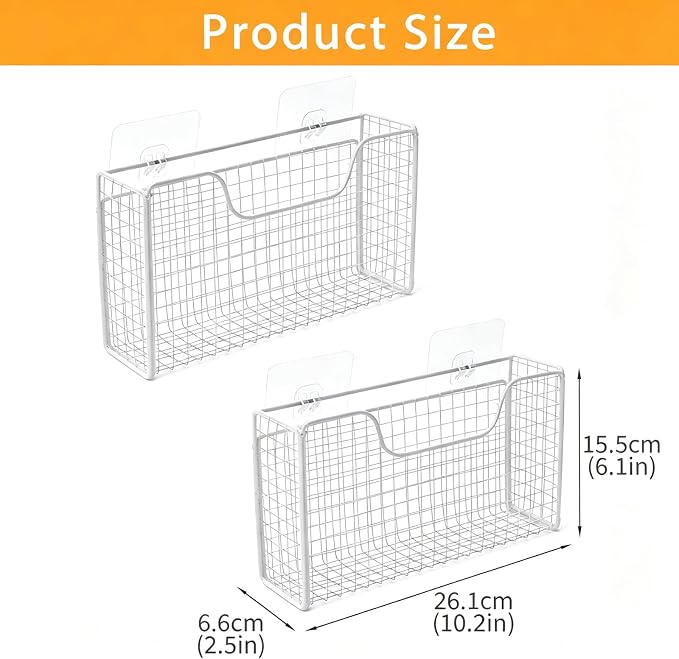 2 Pack Aluminum Foil Organizer, Foil and Plastic Wrap Organizer, Pantry Kitchen Cabinet Door Organizers, Self Adhesive Wall Mounted Storage Hanging Basket for Ziplock Bag, No-Drill, Mesh Metal, White