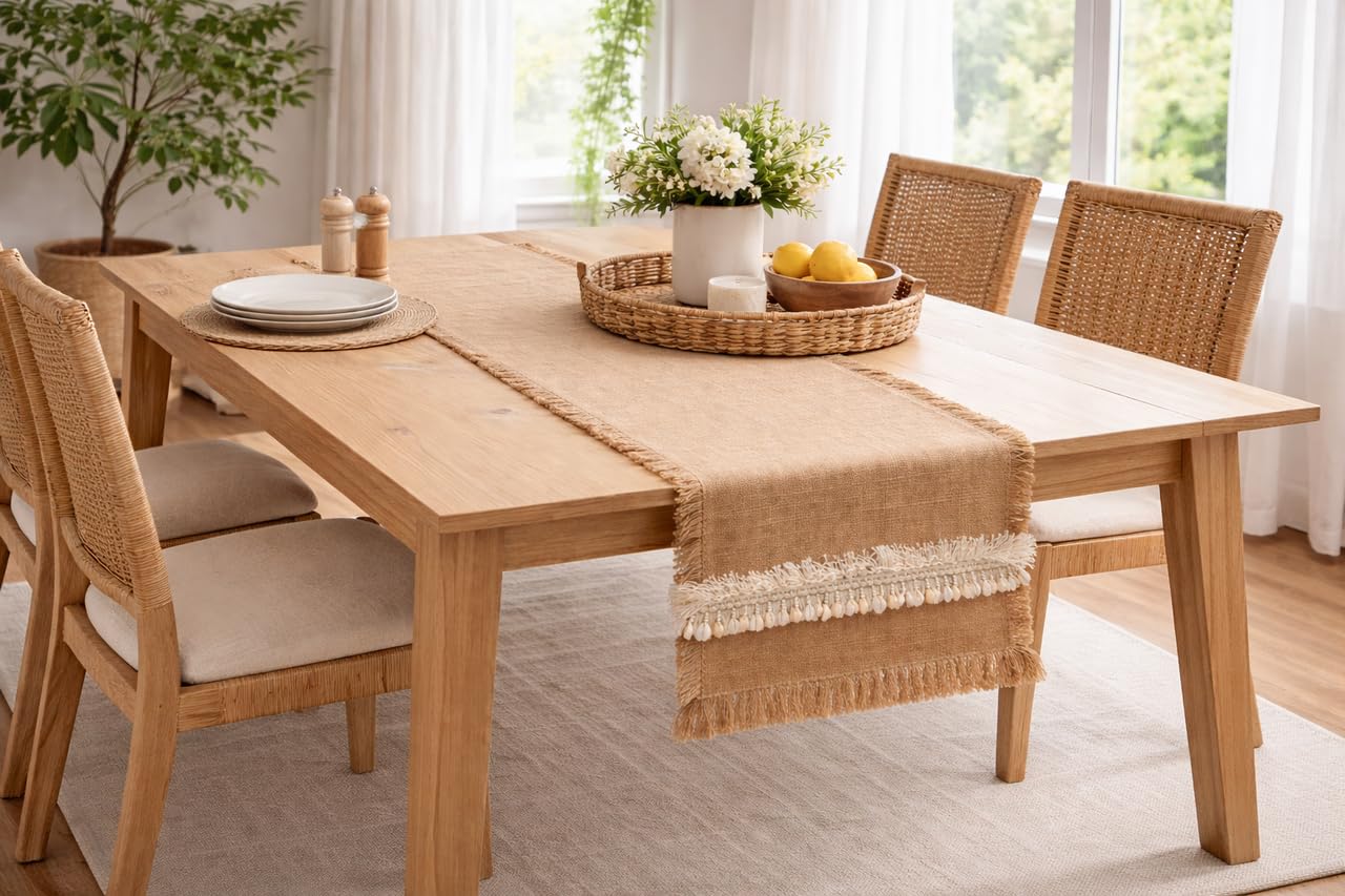 WWW.THROWPILLOW.IN Jute Table Runner with Fringe &Kowri Shell Table Runner 14x90 Inches Fits 6.5 Feet TV Unit Cabinet, Center Table, Coffee Table, Dining Table, Entry Console