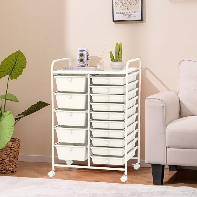 GOFLAME 15-Drawer Rolling Storage Cart, Craft Storage Cart with Removable Drawers & Lockable Wheels, Art Cart Supply Storage Organizer for Home Office Classroom, White