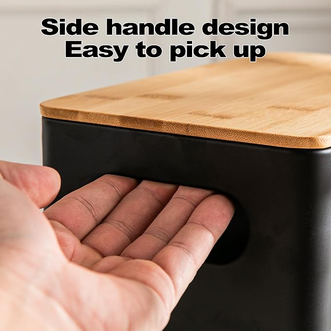 Potato Onion and Garlic Storage Bin Set of 3, Black Metal Kitchen Vegetable Canisters with Bamboo Lid and Aerating Holes, Stackable Kitchen Storage Tin for Countertop Pantry