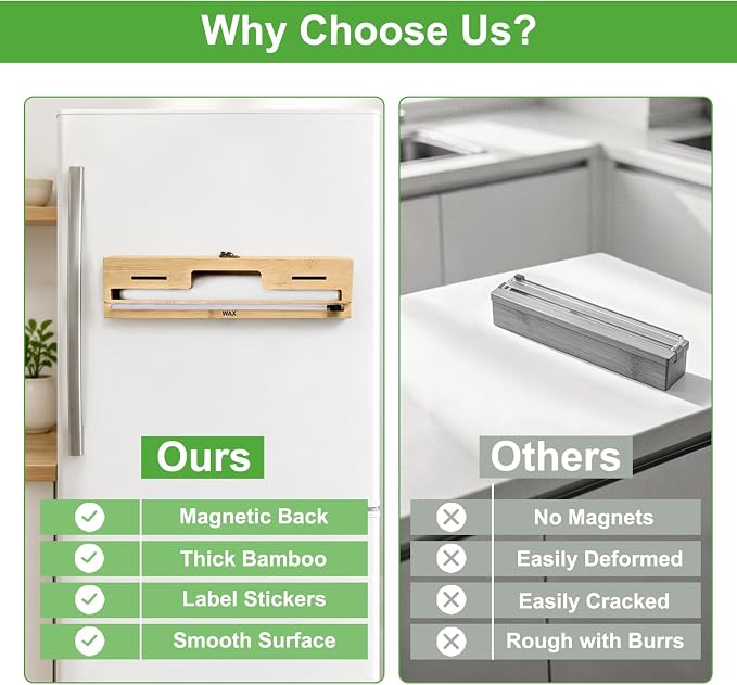 MSJGA Magnetic Plastic Wrap Dispenser with Cutter, Refrigerator Bamboo Organizer for Tin Foil, Baking Paper, Wax Paper Holder Kitchen Storage Box Compatible