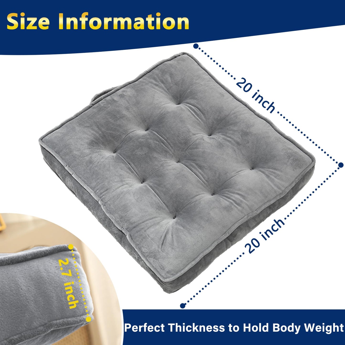 1 MIDDLE ONE Floor Pillow Set of 2, Memory Foam Meditation Cushion, Floor Cushions for Adults Sitting, Large Square Seat Cushions for Yoga, Living Room, 20x20 Inch (Grey)