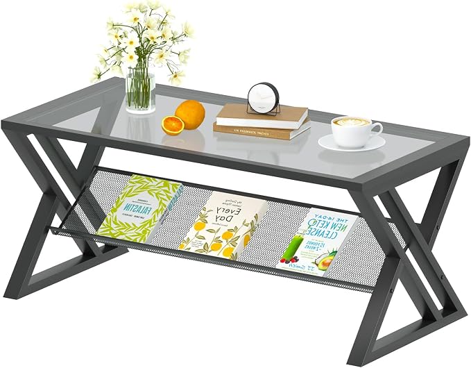 Wolawu Glass Coffee Table Living Room Table with Storage Shelf, Grey Glass Table Simple Modern Rectangular Tables with Sturdy Black Metal Frame,Industrial Glass Coffee Table for Bedroom Home Office