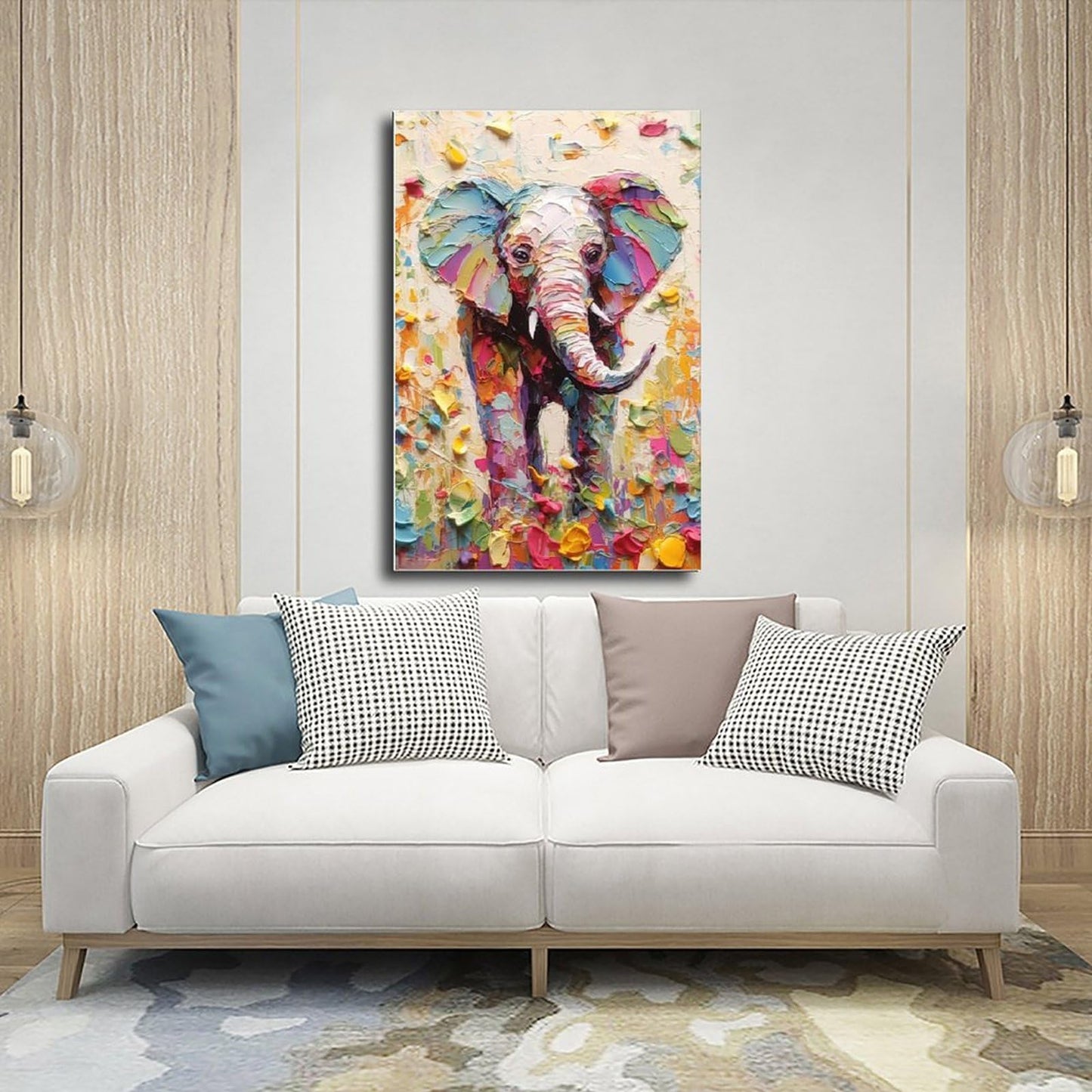 Fyzuf Elephant Wall Art - Oil Painting on Canvas, Cubism Style, Colorful Elephant Aesthetic, 12x18inch (30x45cm) Unframed