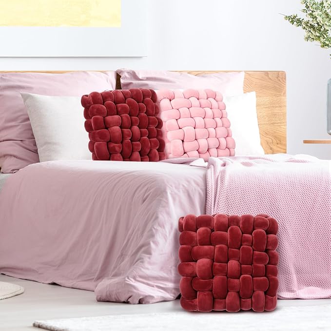 Wenqik 2 Pcs Knot Pillows Square Knotted Plush Throws Soft Accent Pillows Decoration Cushion for Couch Home Office Living Room Bedroom Bed Sofa Decor, 12'' x 13''(Burgundy,Crystal Velvet)