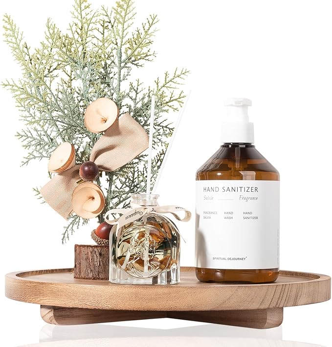 Round Decorative Tray Wood Bathroom Counter Organizer Farmhouse Kitchen Decor Wooden Riser for Soap Dish, Perfume, Candle, Sponge, 12" - Brown