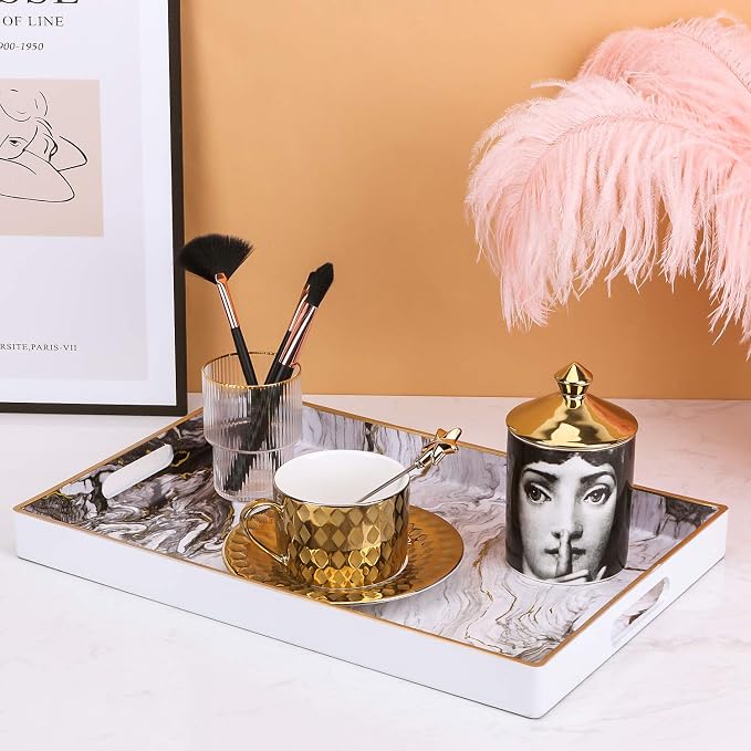 Decorative Tray, Marbling Plastic Tray with Handles, Rectangular Vanity Tray and Serving Tray for Bathroom, Kitchen, Ottoman and Coffee Table, 15.6” x 10.2”, White
