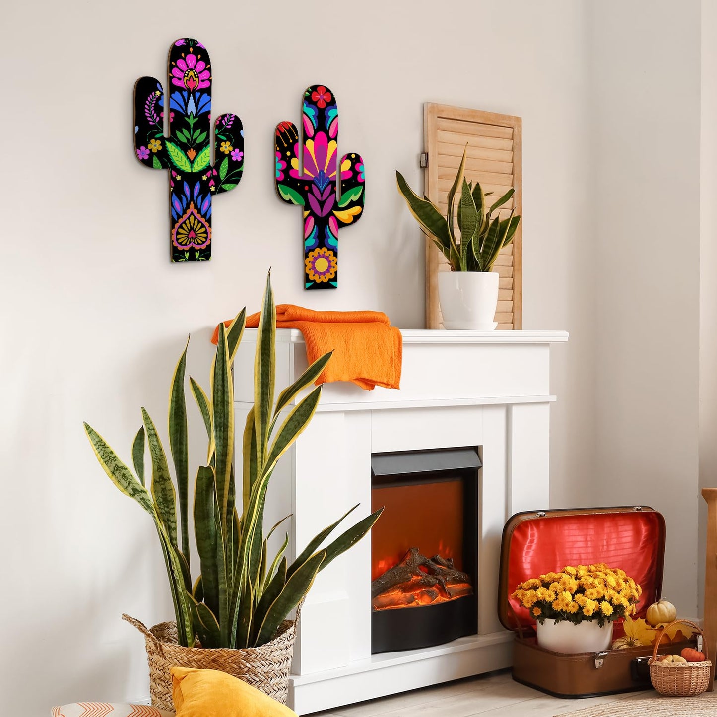 Yousoontic 2 Pcs Wood Cactus Wall Art Mexican Talavera Wall Decor 7.48 x 15.75 Inch Fiesta Party Decorations for Home Outdoor Living Room Bedroom