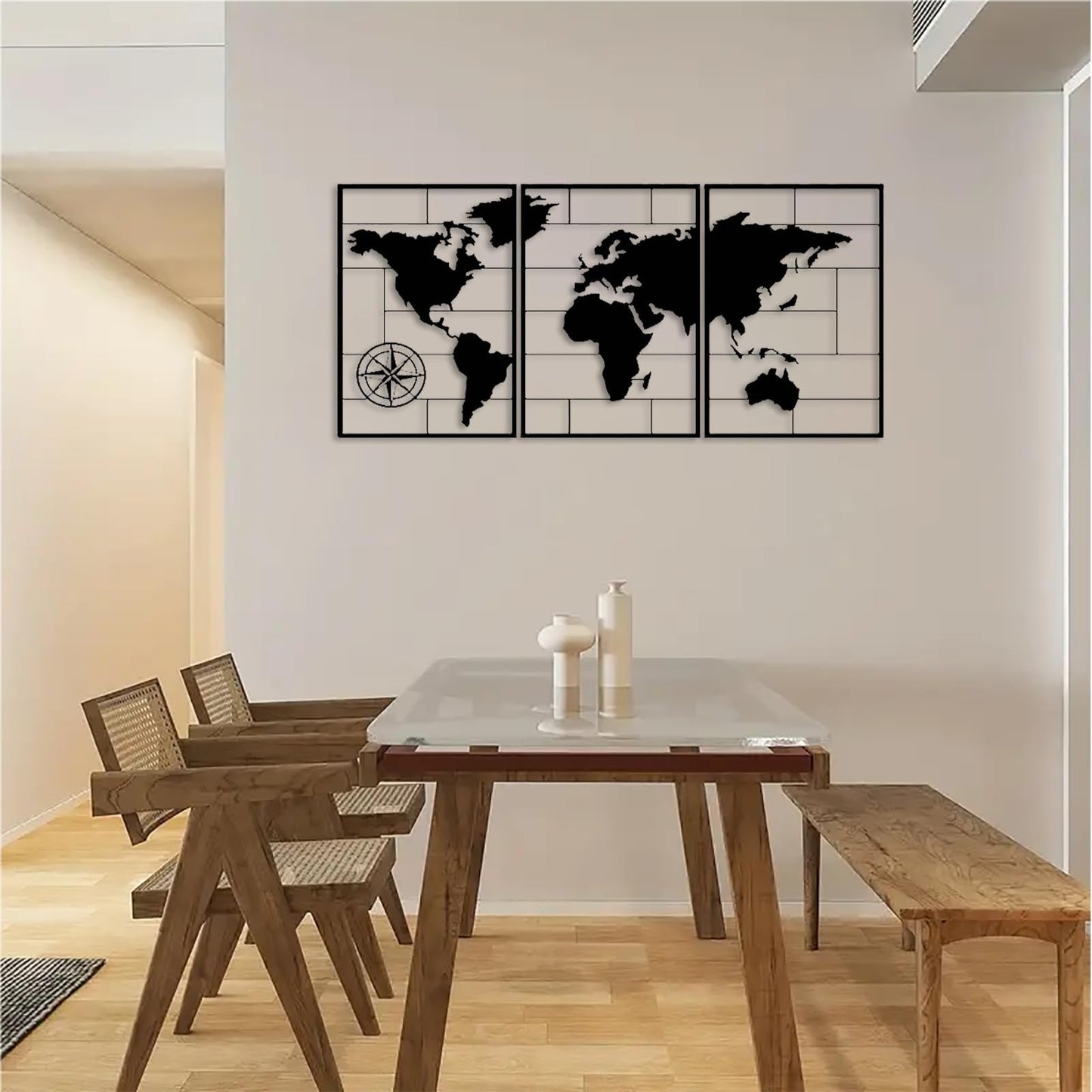 DUOOLN 3-Piece Metal World Map Wall Decor Art, Abstract Minimalist Hanging Sculpture, Travel Enthusiast Gift, Perfect Travel-Themed Artwork, Home Office Hotel Decoration - Black, 33.8“ W x 15.7” H / 86x40cm