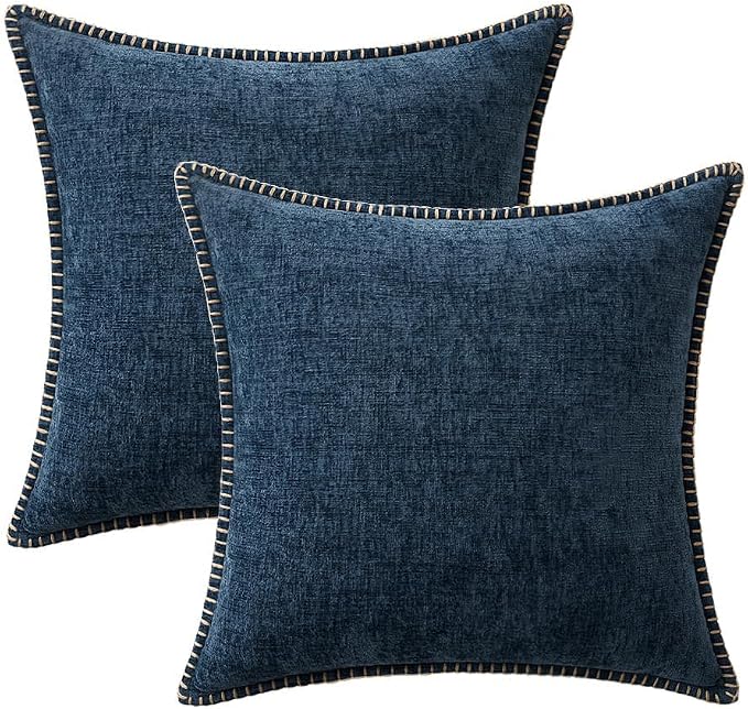 MIULEE Pack of 2 Couch Throw Pillow Covers 18x18 Inch Dark Blue Farmhouse Decorative Pillow Covers with Stitched Edge Soft Chenille Solid Dyed Pillow Covers for Sofa Bed Living Room