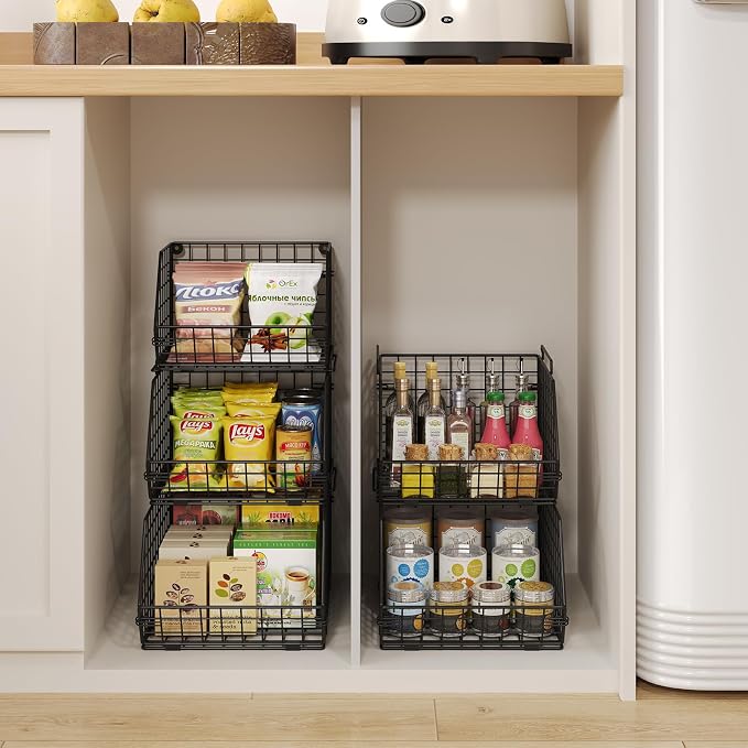 3-Tier Stackable Wire Baskets for Counter, Fruit and Vegetable Storage, Potato and Onion Storage Bin,Kitchen Pantry Organizer - Wall Basket for Produce/Snack/Can, Black