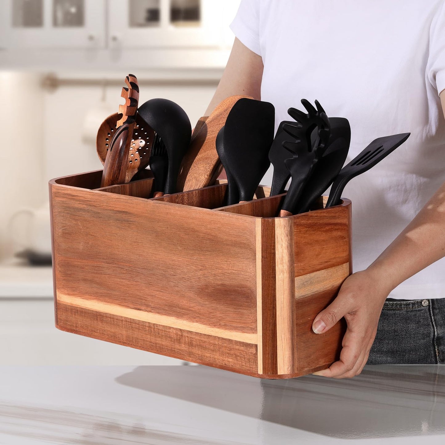 Utensil holder for Kitchen Counter - Large Kitchen Utensil Holder Organizer for Counter or Countertop, Large Wooden Utensil Holder with 4 Compartment(Acacia Wood)