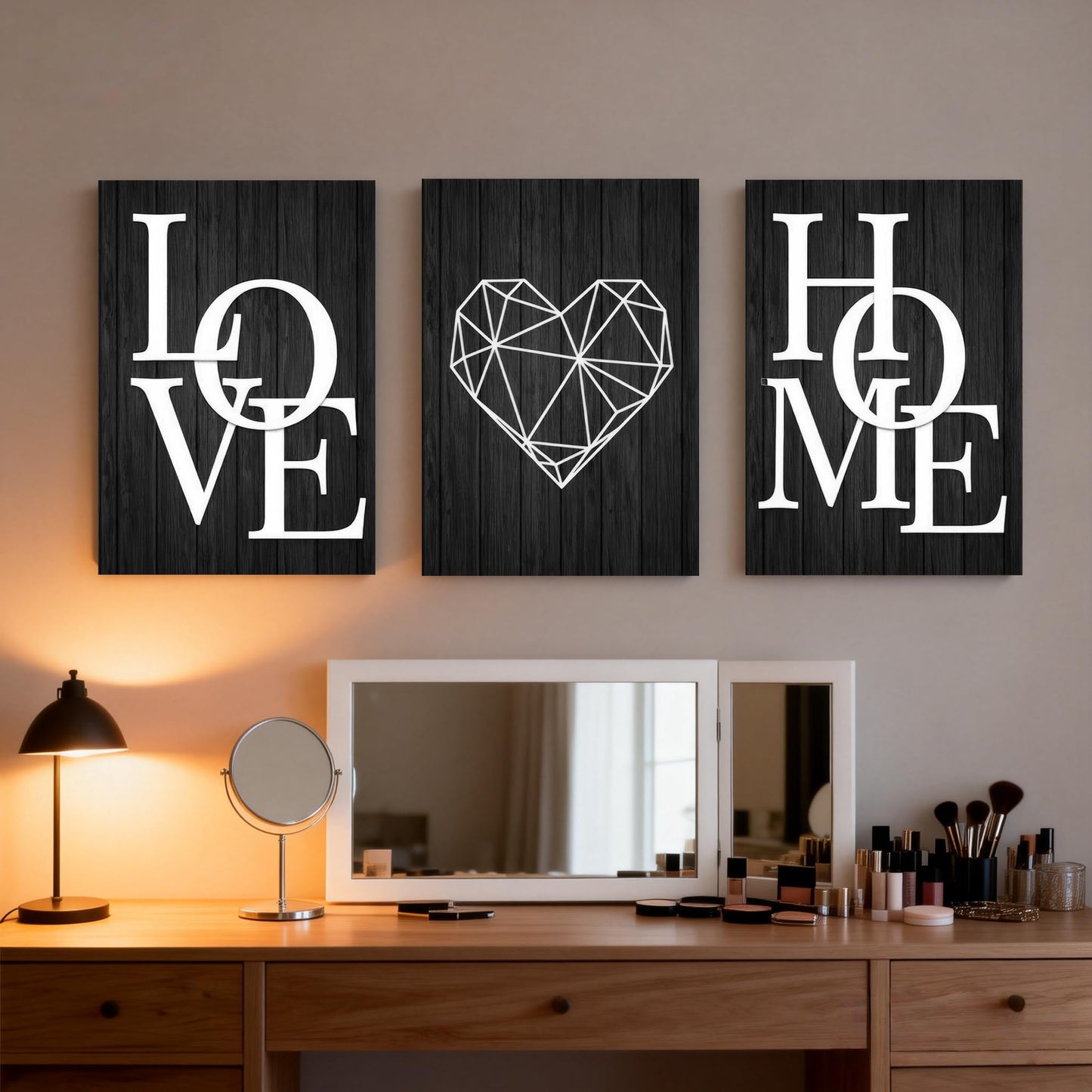 3 Piece Geometric Heart Canvas Wall Art, Black Wood Grain Modern Minimalist Prints, Unframed Love Home Wall Decor for Living Room Bedroom Office 12x16 Inch