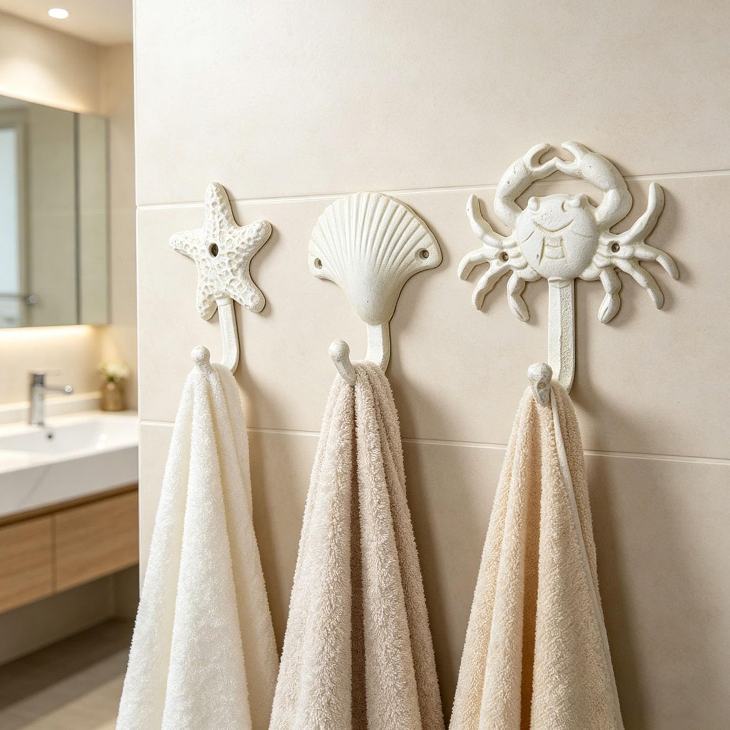 MY MIRONEY 3-Piece Starfish Seashell Crab Coats Hooks White Beach Ocean Theme Decorative Wall Hooks with Screws