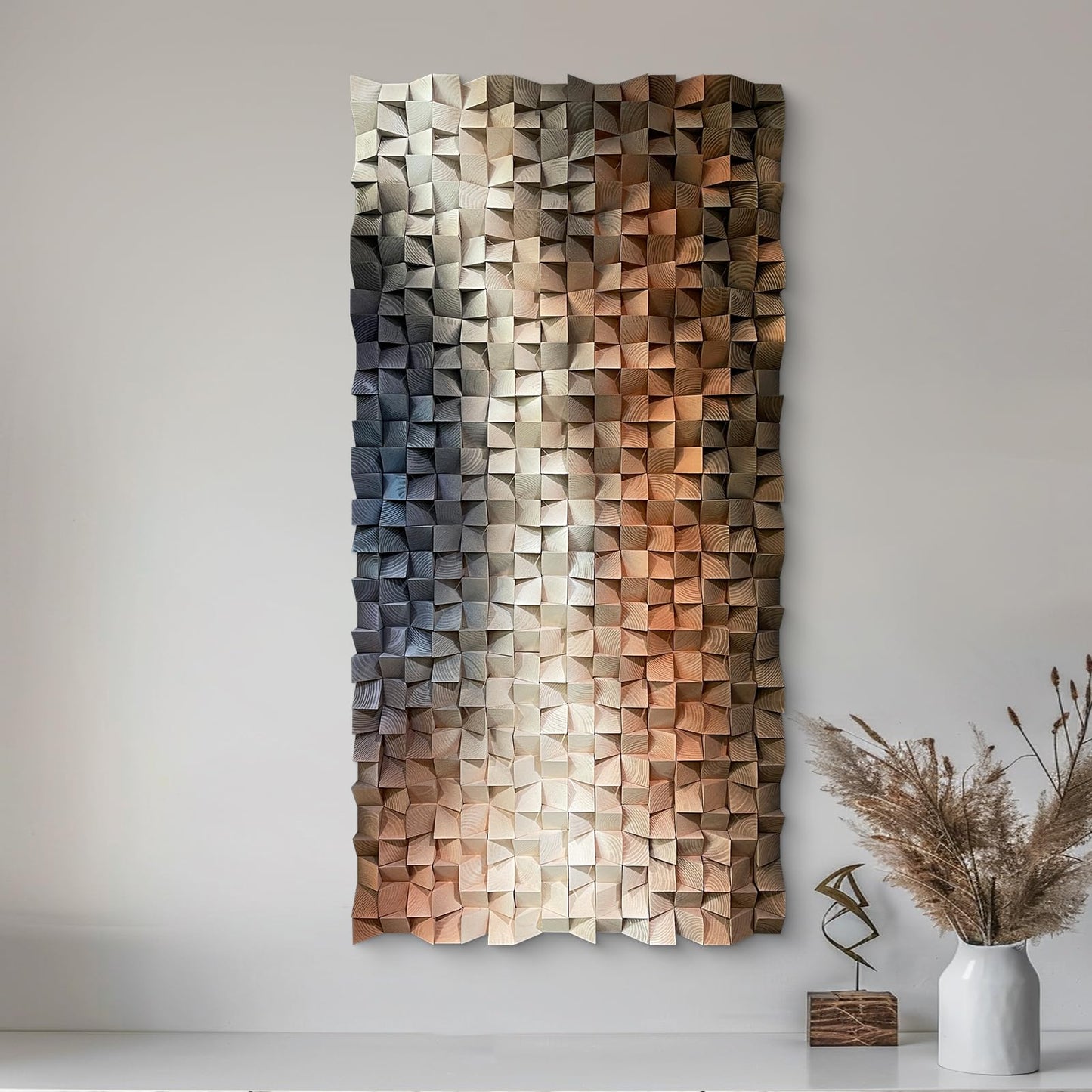 LIUZEYUE 3D Wall Art Modern Abstract, Solid Wood Mosaic Panel in Blue White Orange, Textured Feature Wall Decor for Living Room Above Sofa, 23.6x47.2 Inches