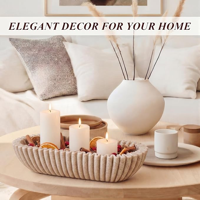Large Decorative Bowl for Home Decor Long Dough Key Bowls Coffee Table Decor Centerpiece Beige Ruffle Scalloped Resin Modern Handicraft Bowl for Kitchen Counter Farmhouse Entryway
