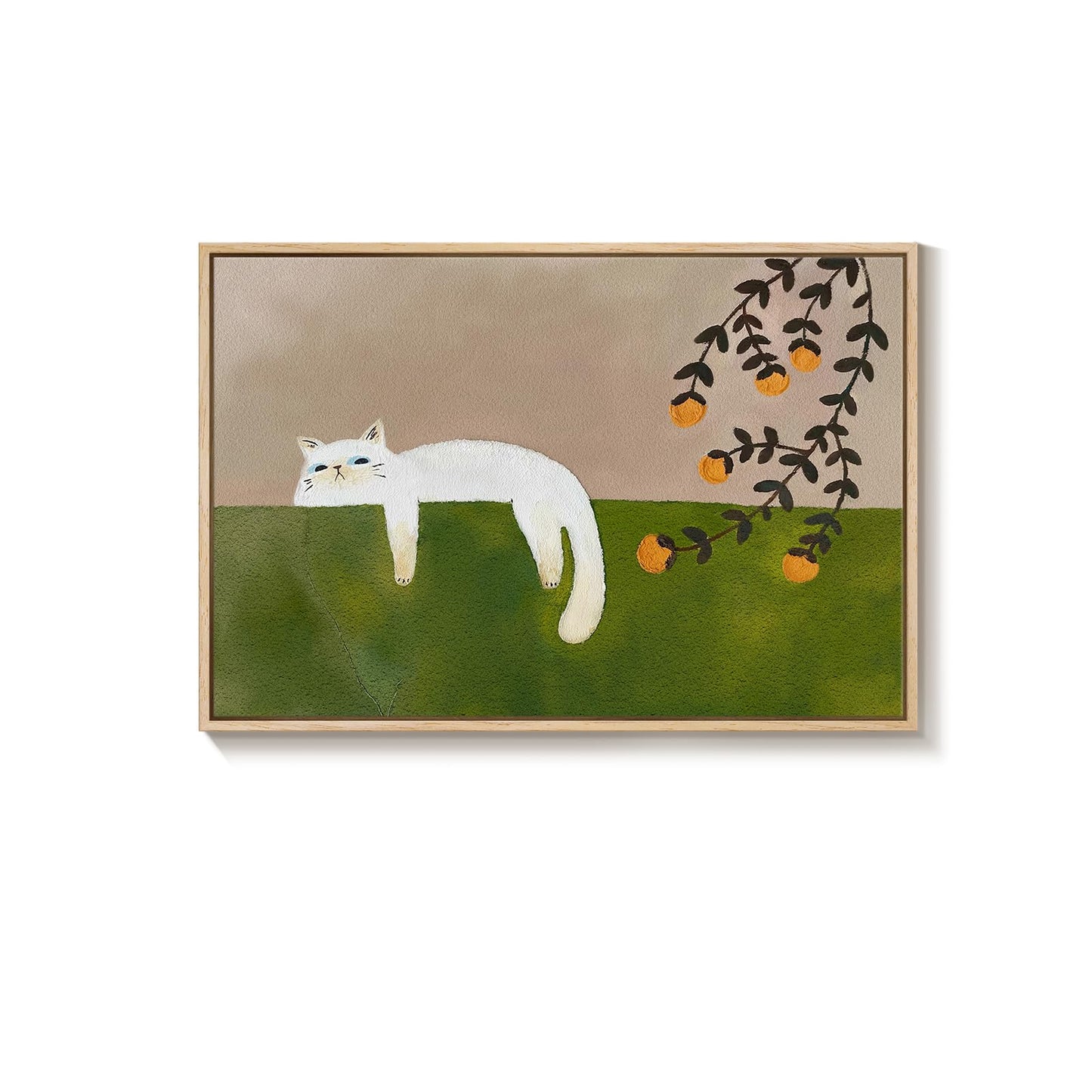 Framed Neutral and Green Wall Art for Bedroom Decor, Large Cozy Cat Canvas Painting Artwork for Room Walls, Green Picture Print for Dining Room Nursery Guest Room Hallway Wall Art Decor, 24x36 Inch