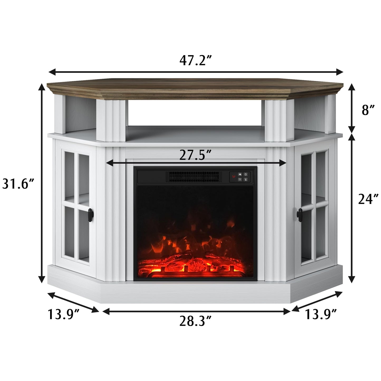 YESHOMY Corner Fireplace TV Stand for Television up to 55" with Storage Cabinets, Entertainment Center, Media Console for Living Room, Bedroom, White&Rustic