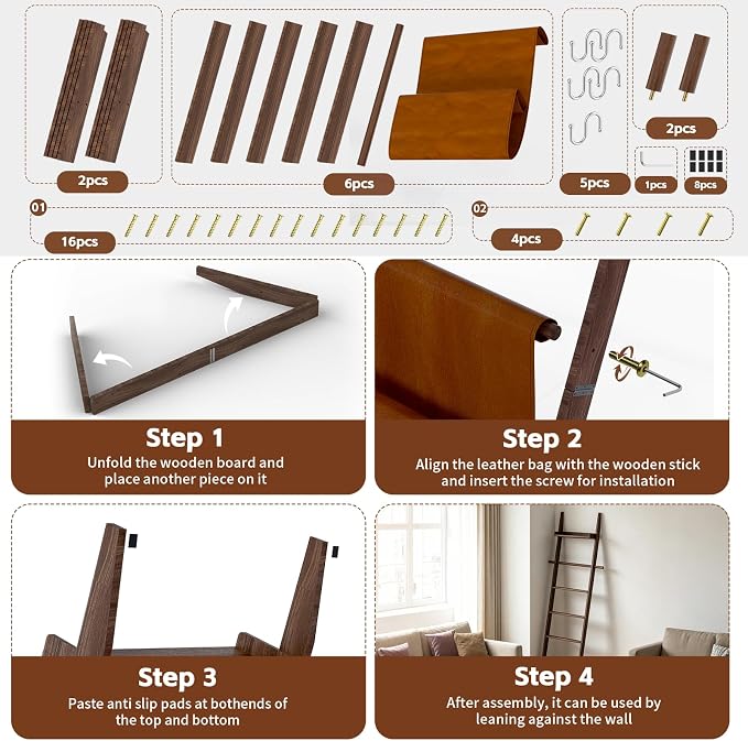 Wooden Blanket Ladder 6-Tier Farmhouse Rustic Blanket Holder with Synthetic Leather Bag, Decorative Stand with Removable Hooks Quilt Towel Rack for Home Living Room Bedroom Decor Brown