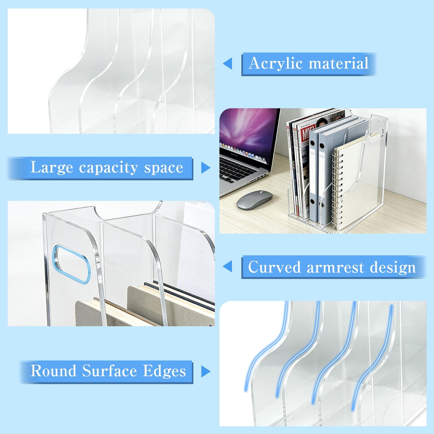 ZESHIHAOGUO 3-Tier Clear Acrylic File Holder, Vertical Document Organizer for Magazines, Binders, Notebooks & Envelopes - Multi-Purpose Desk Storage for Home Office(A4,3 Sections)