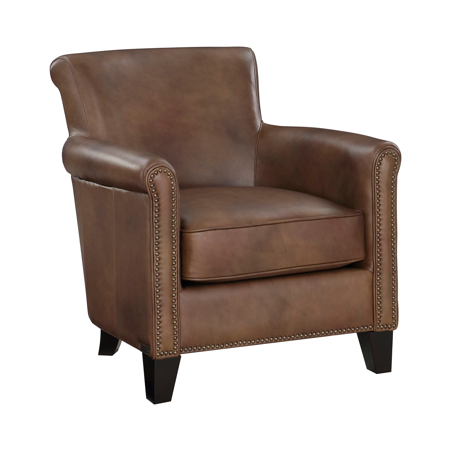 Lexicon 100% Top Grain Genuine Leather Chair, Leather Accent Chairs for Living Room, Solid Wood Frame, Rolled Armrest & Nailhead Trim, Comfy Reading for Bedroom, Office, Waiting Room, Classic Brown