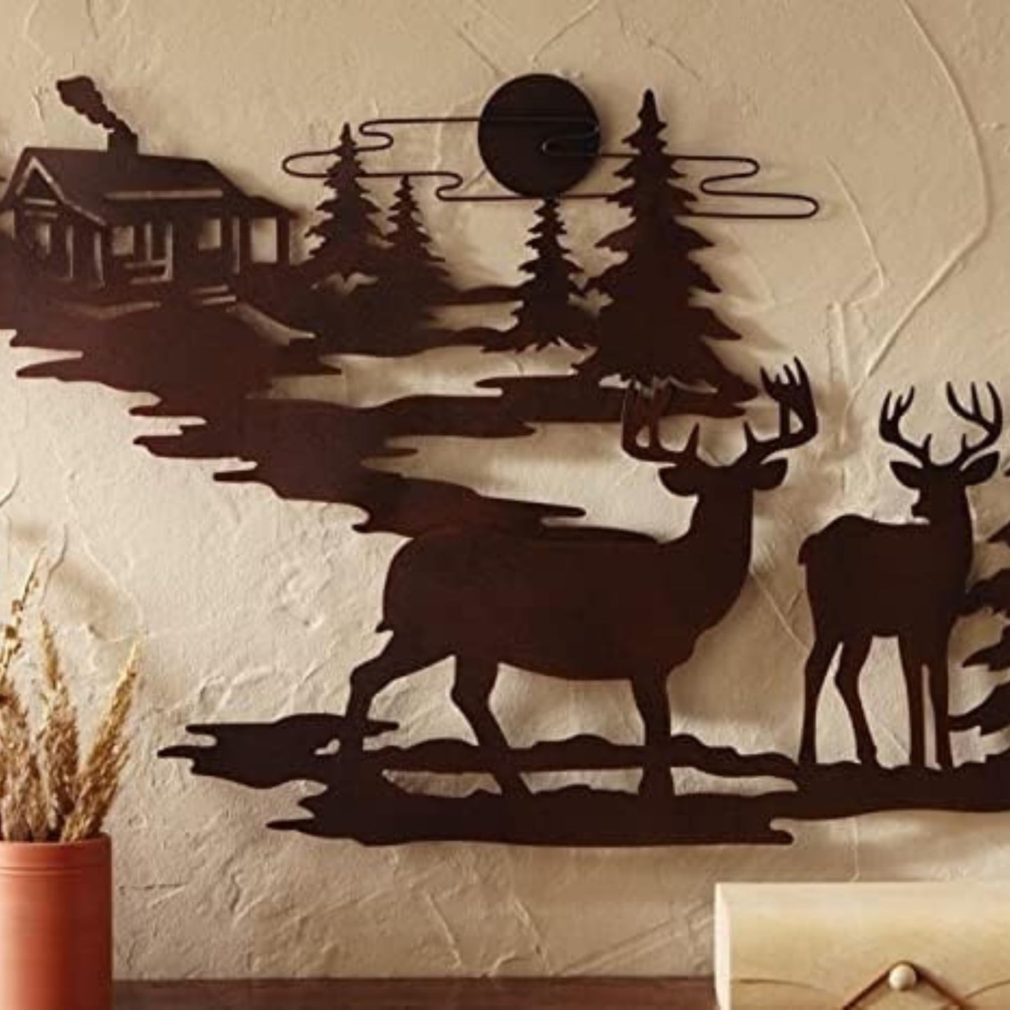Rivuz Metal Wall Art by Prime Goods. Aesthetic Room Decor. Rustic Retreat. Black Metal Wall Decor with Woodland Cabin & Deer. Great Art for Living Room, Bedroom, or Outdoor Space