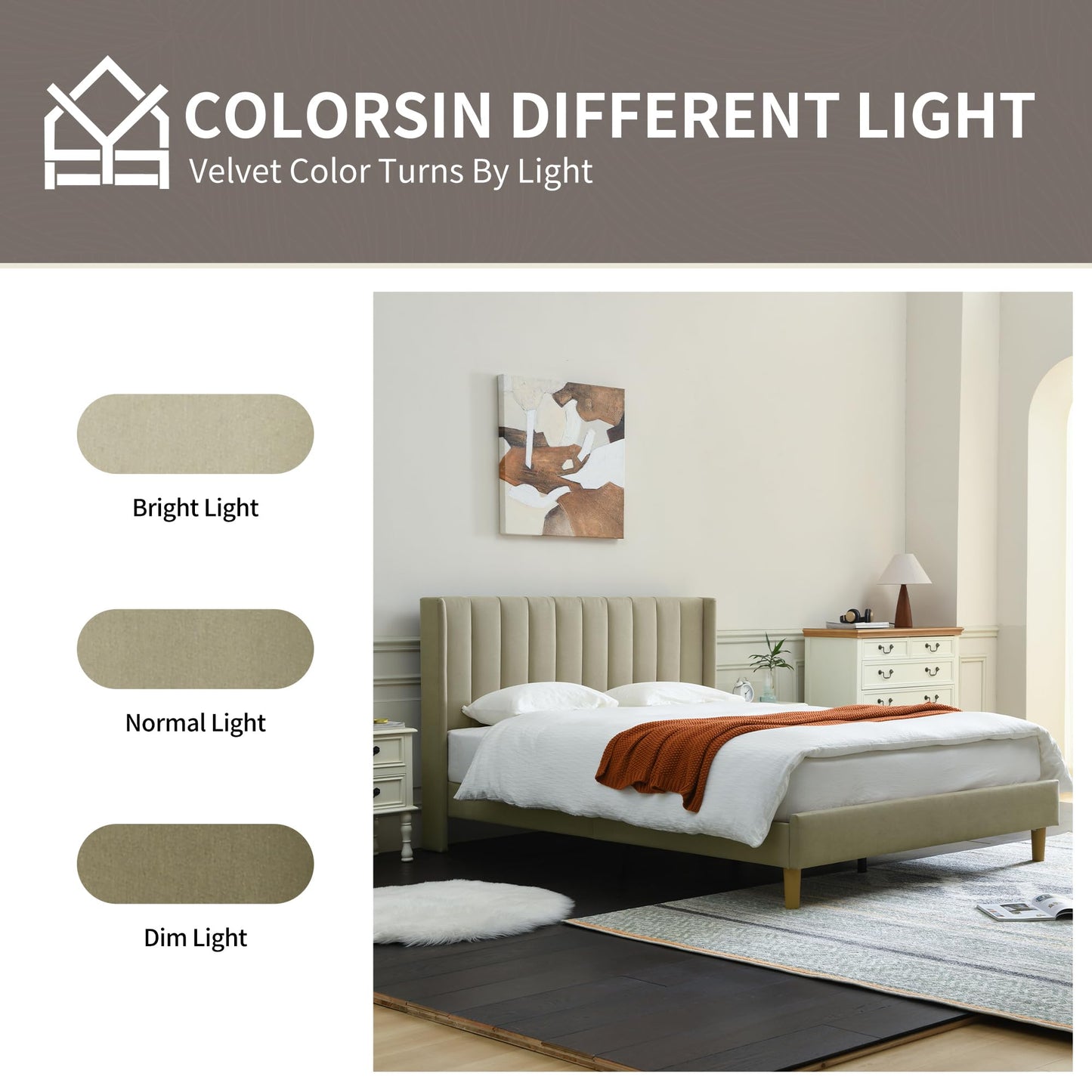 YUHUASHI upholstered Platform Bed Frame/Queen Bed Frame/Modern Geometric Double-Wing Design headboard/Linen Fabric/Easy to Assemble no Noise (Beige, Queen (U.S. Standard))
