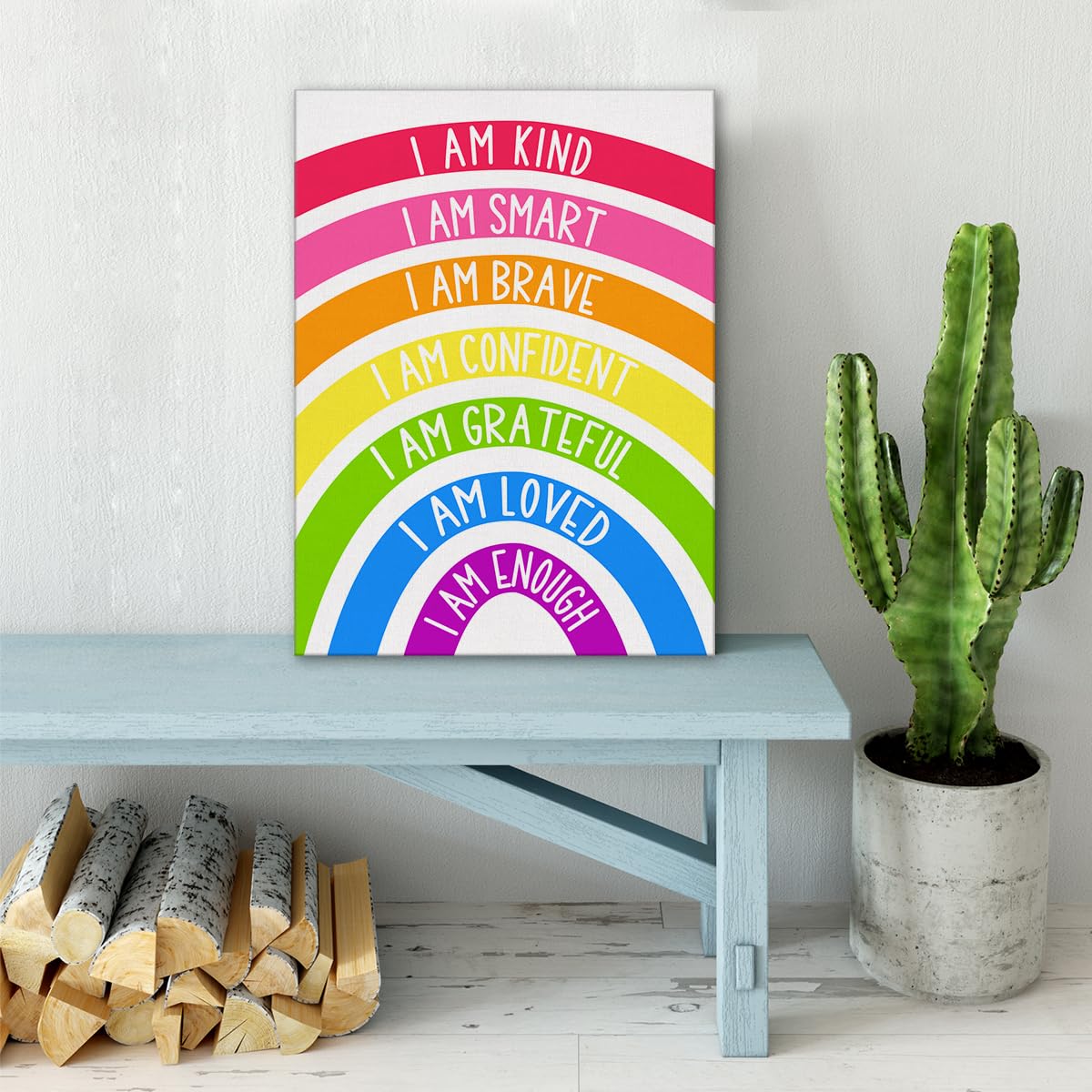 Rainbow Kids Affirmations Wall Art Canvas Painting Print Framed I Am Kind Smart Loved Artwork Canvas Sign for Nursery Decor (12x15 Inch)
