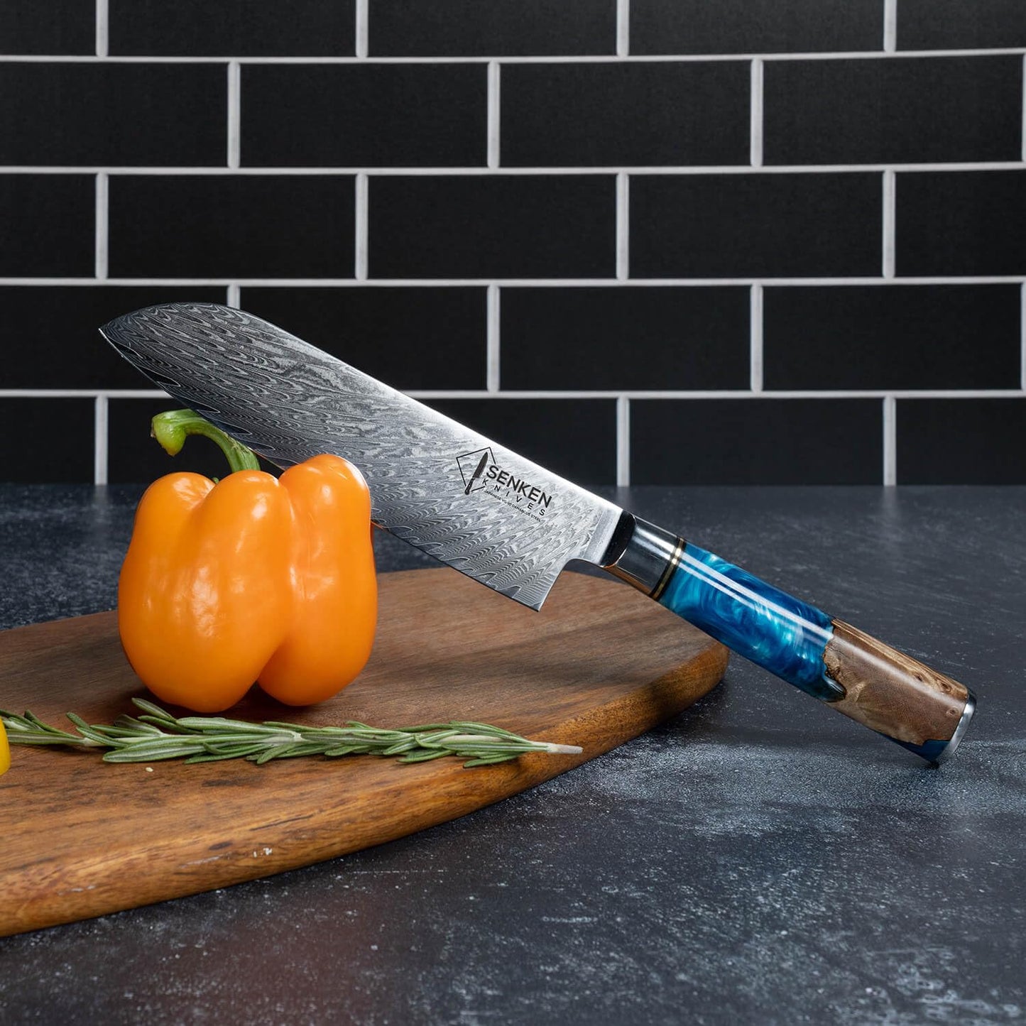 SENKEN 15-Piece Damascus Knife Block Set - "Tsunami" Collection Japanese Chef Knife Set - 67-Layer Japanese VG10 Steel Blades, Includes Chef Knife, Cleaver, 6 Steak Knives (Blue)