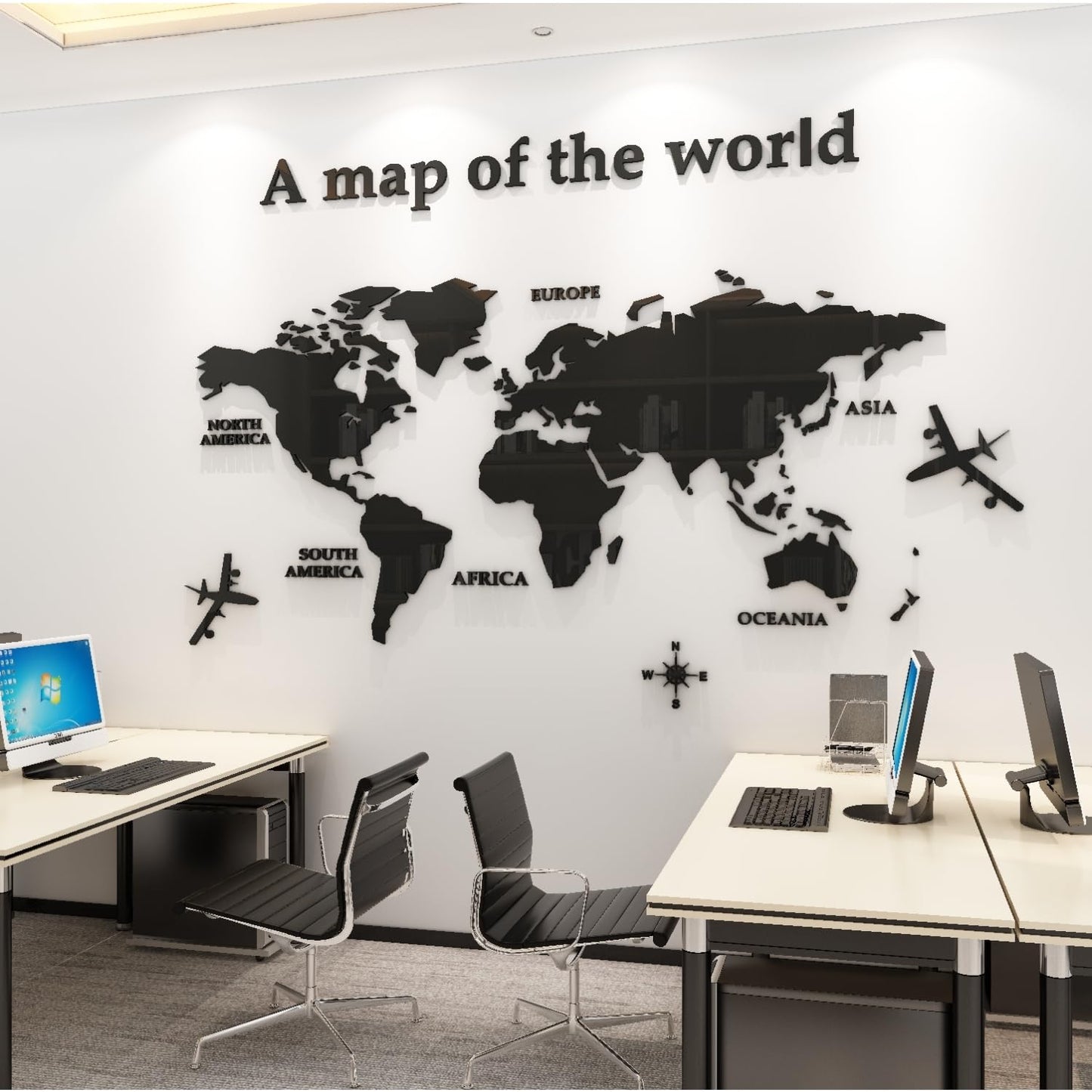 WINDIR 3D World Map Wall Stickers Decor Murals DIY Decal Black 71x40 inch, Acrylic Office Wall Art Decor Bedroom Living Room TV wall (Black: 180x100 cm) Large