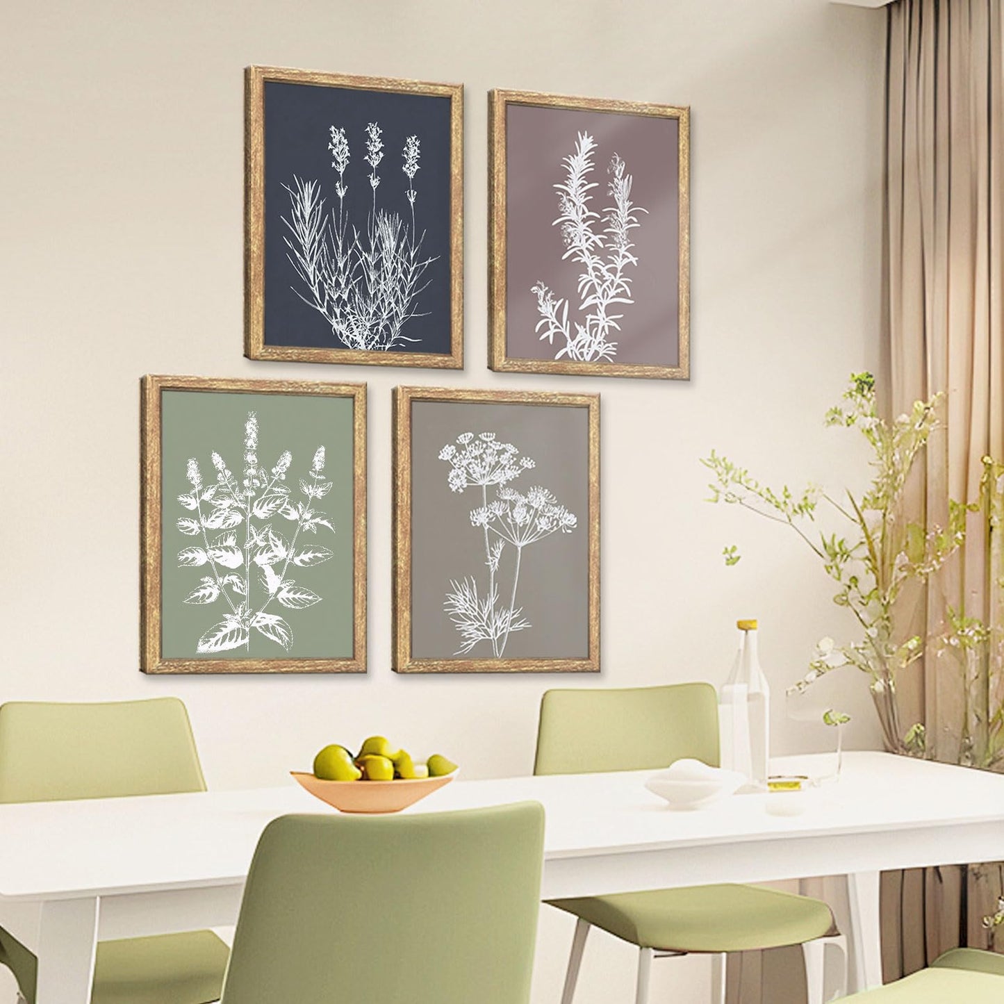 GUMEYJIA Boho Wall Art Set of 4 Framed Herb Prints Botanical White Floral Sketches with Gray and Sage Green Background Modern Farmhouse Decor Home Kitchen Wall Decor (8x10 in)