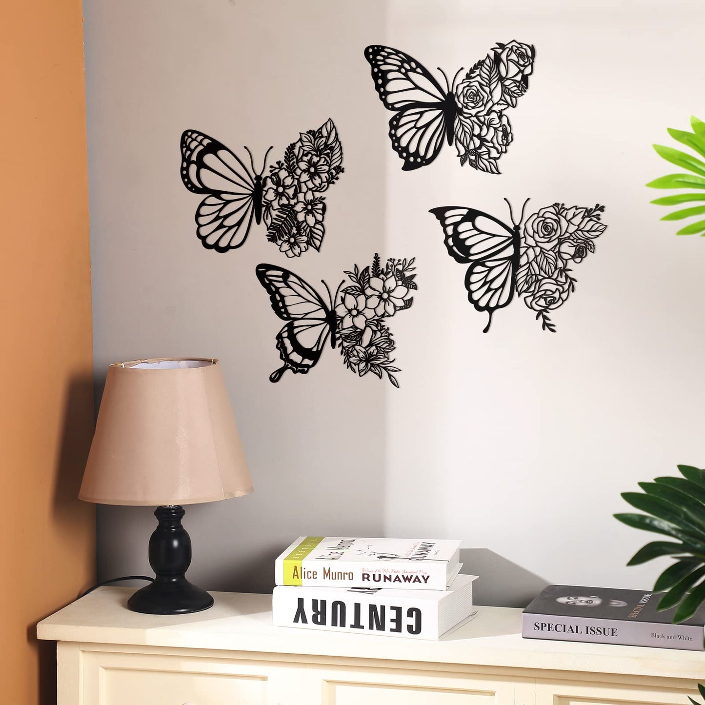 Pelopy 4 Pcs Butterfly Metal Wall Decor Boho Butterfly Decoration Wall Art Iron Hanging Wall Decor Flower Wall Art for Bedroom Living Room Home Wall Indoor Outdoor Farmhouse Black