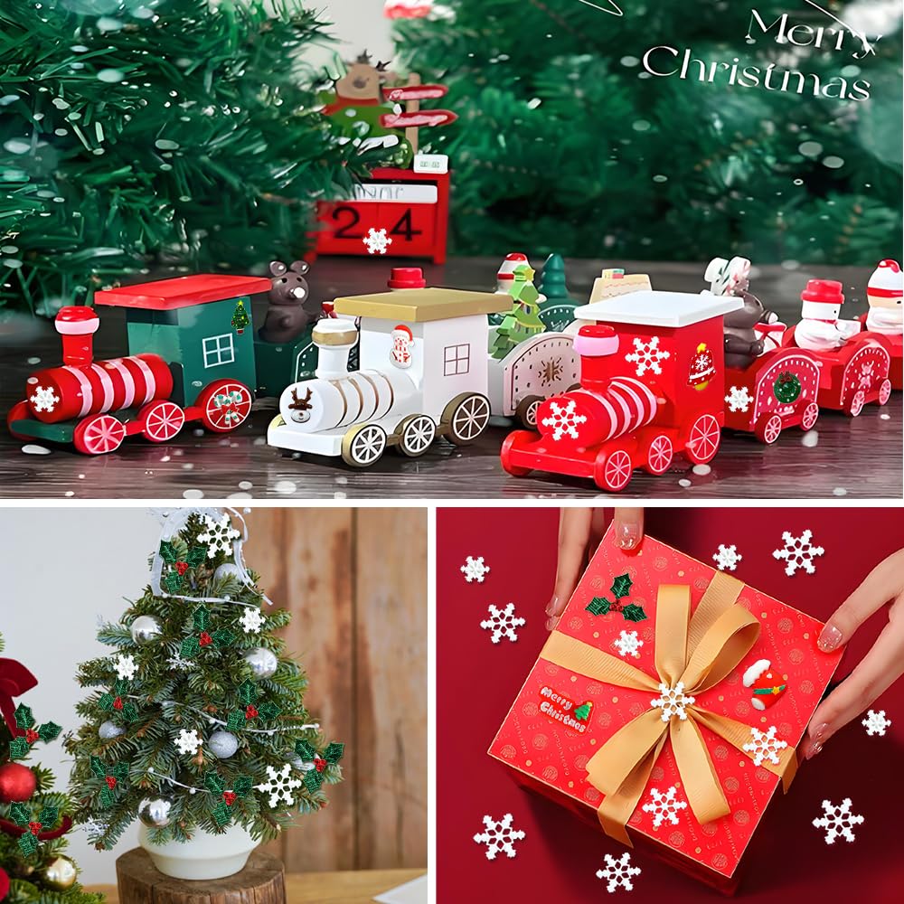 Yxtwaeh 210 Pcs Mini Christmas Decorations for Crafts, Holly Leaves with Berries Miniature Snowflake Resin Charms Santa Snowman Flatback Embellishments for Xmas Wreath DIY Craft