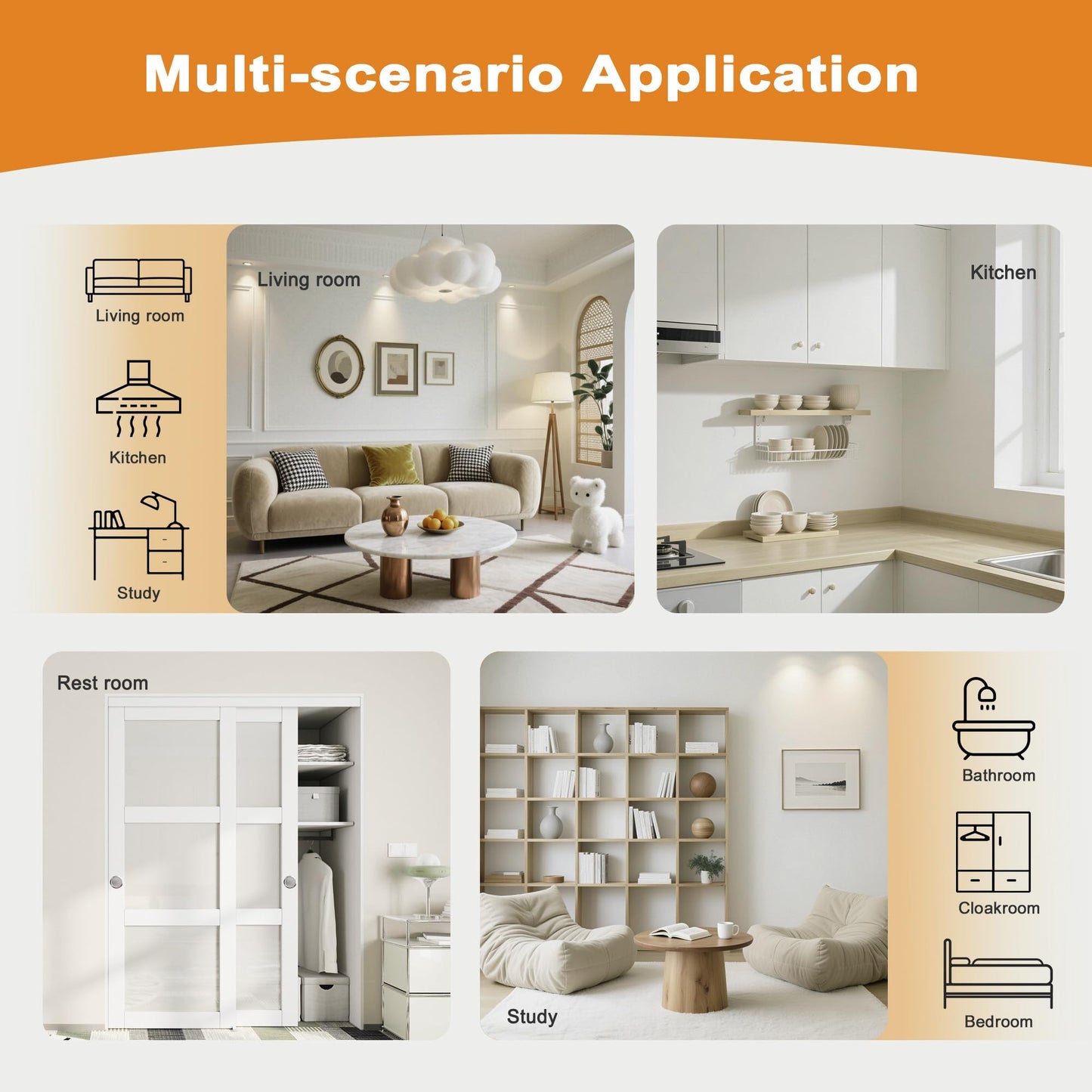 JUJUBON Closet Sliding Door, 48"ร80"(Double Doors 25"), 3 Panel Sliding Door with Hardware Kit, Pre-Drilled Doors Panel, MDF with Paintable Surface, Need to Assemble, White