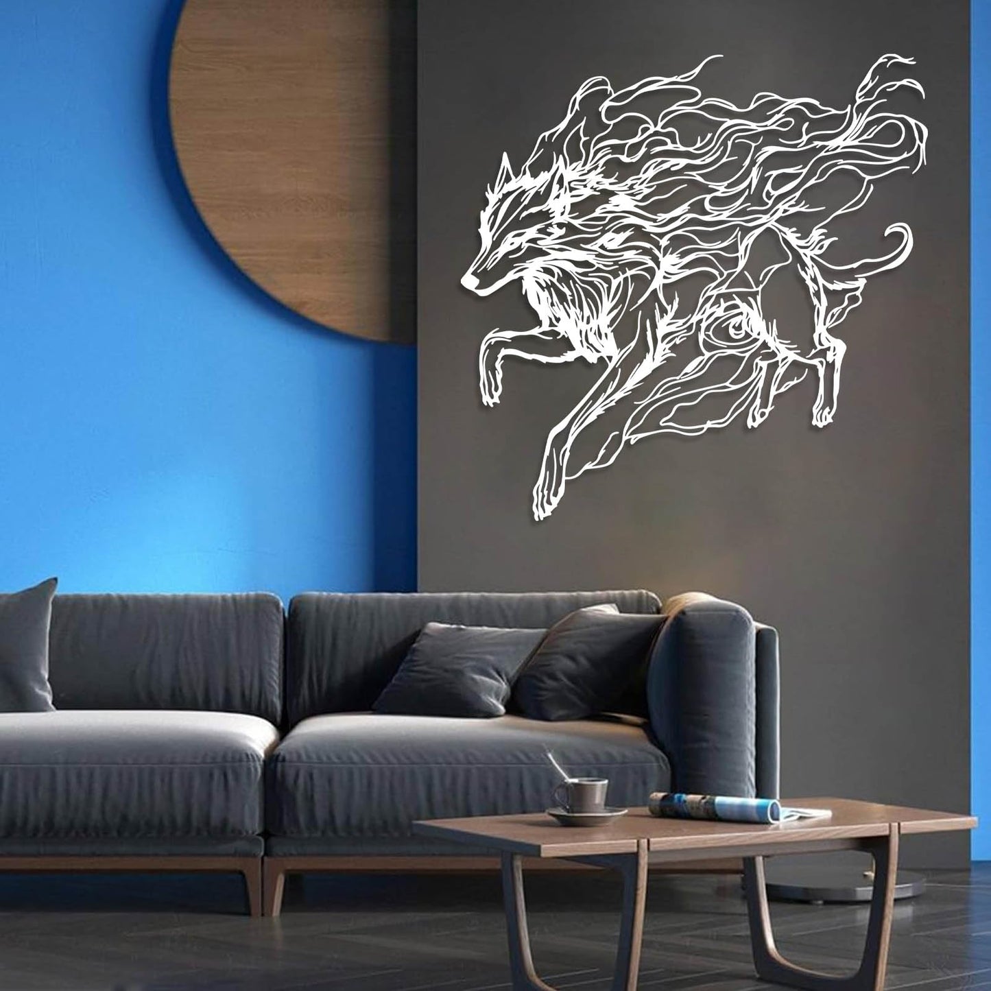 Veplsur Wolf Metal Wall Art, Metal Wall Art Wolf Wildlife, Safari Animal Wall Decor, Minimalist Line Decor, Modern Abstract Line Wall Hanging, Nature Themed Bedroom Hanging (Silver, 19"x19"|47x47cm)
