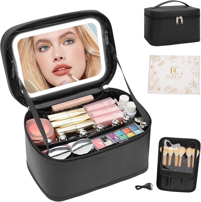 Makeup Bag With LED Mirror, Lightweight Travel Makeup Bag With 3 Color Setting Light Up Mirror Cosmetic Makeup Organizer Vanity Case for Women Beauty Tools Accessories Rechargeable Train Case-Black