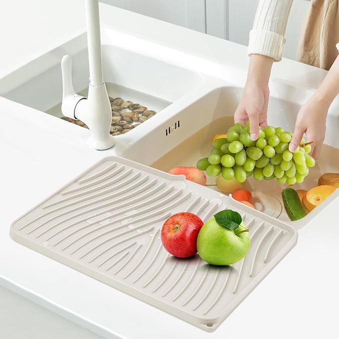 TIKNIK Silicone Dish Drying Mat for Kitchen Counter - Heat Resistant & Non-Slip Dish Drain Pad with Built-In Drain, Dishwasher Safe, Quick-Dry, Hangable & Roll-Up for Storage, Cream-1pcs, 20" x 15"