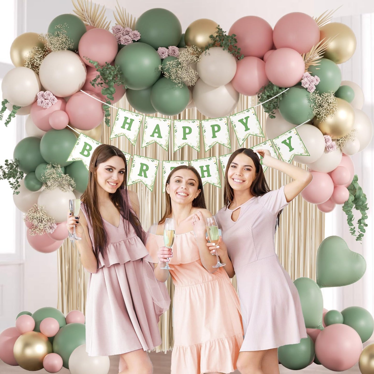 Pink and Sage Green Birthday Decorations with Light Pink Sage Green Sand White Metallic Gold Foil Balloons Fringe Curtain Banner for Happy Birthday Decorations for Women